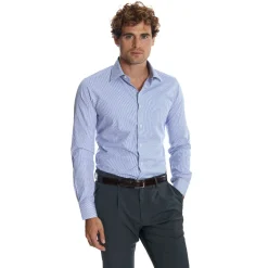 E.Marinella Camicie In Cotone|CAMICIA CLASSICA A RIGHE BIANCO E BLU SLIM In cotone popeline