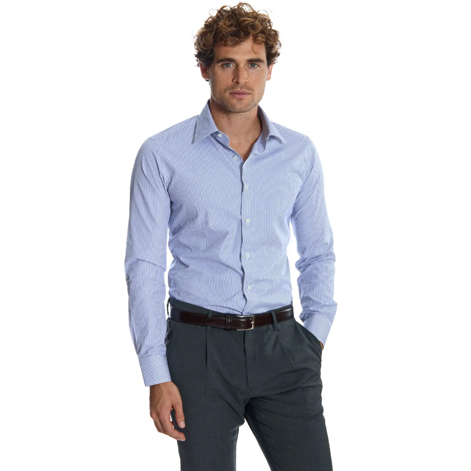 E.Marinella Camicie In Cotone|CAMICIA CLASSICA A RIGHE BIANCO E BLU SLIM In cotone popeline