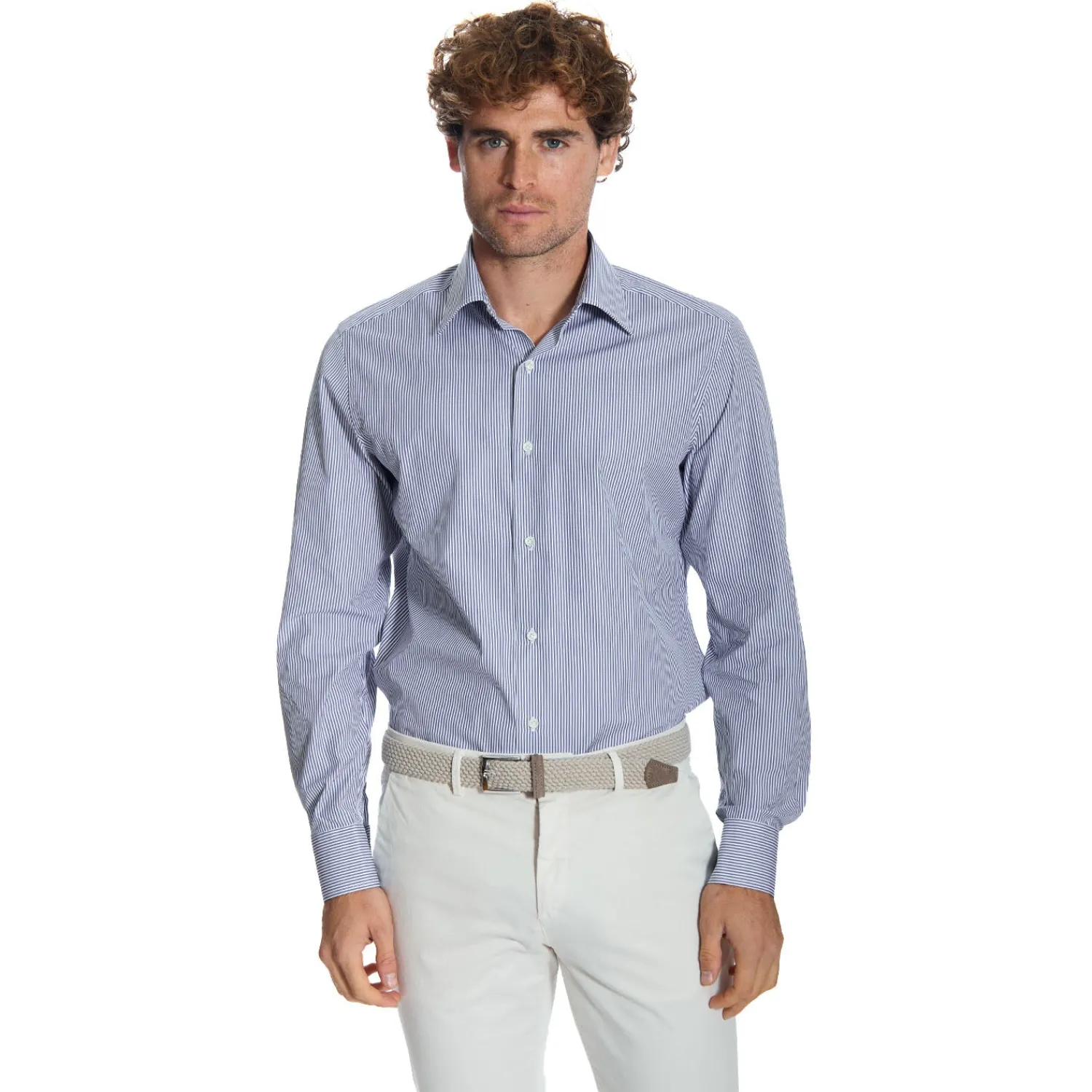 E.Marinella Camicie In Cotone|CAMICIA CLASSICA RIGHE BIANCO E BLU REGULAR In cotone popeline