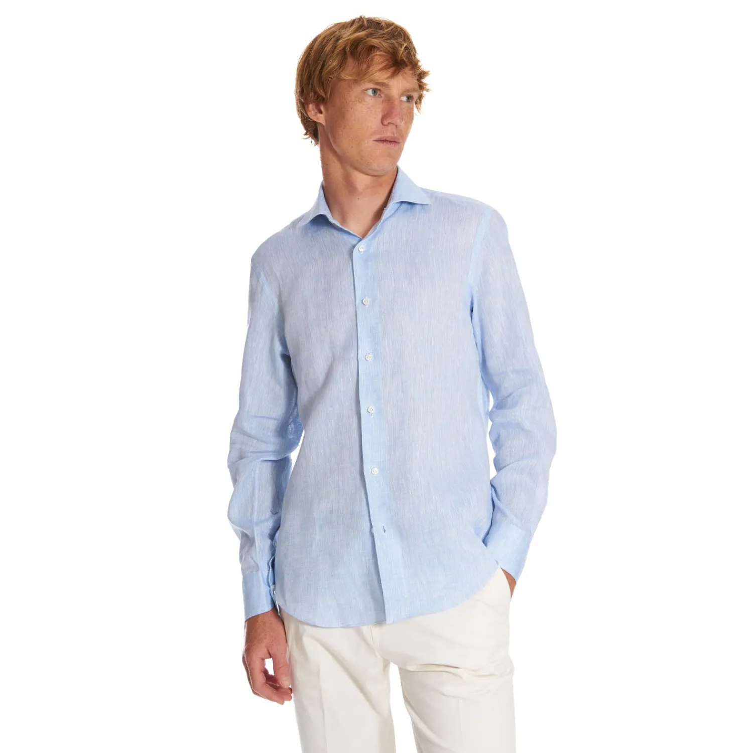 E.Marinella Camicie In Lino|CAMICIA IN LINO AZZURRA Con bottoni in madreperla