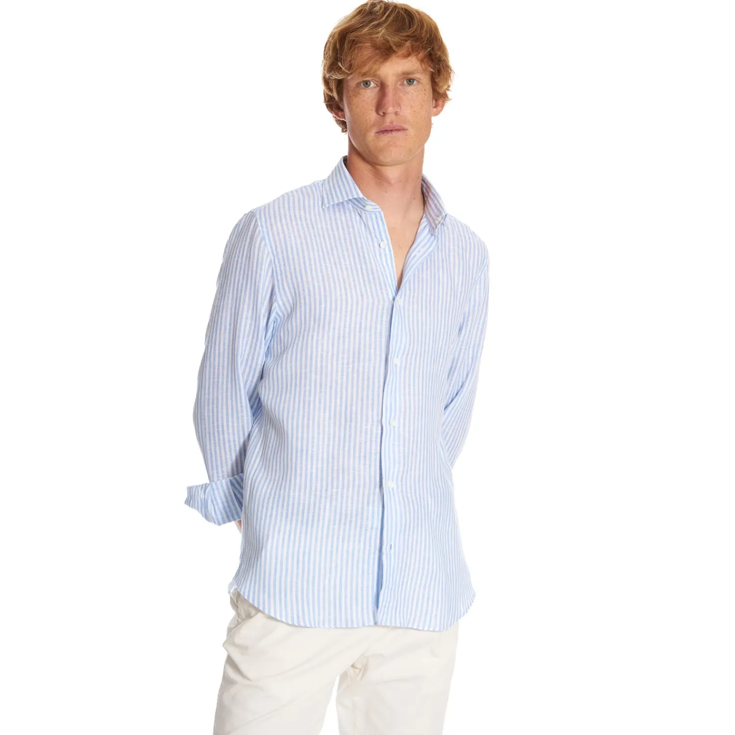 E.Marinella Camicie In Lino|CAMICIA IN LINO BIANCA E AZZURRA Rigata