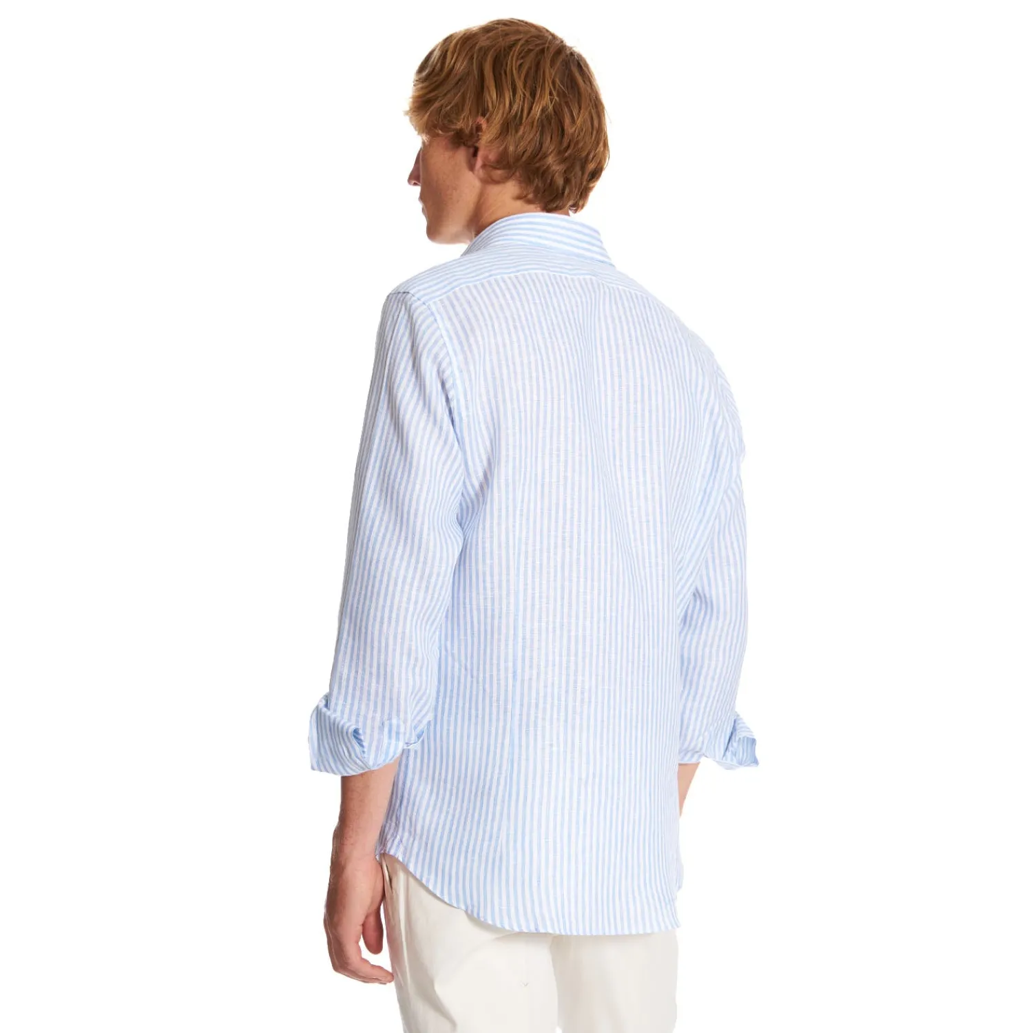 E.Marinella Camicie In Lino|CAMICIA IN LINO BIANCA E AZZURRA Rigata