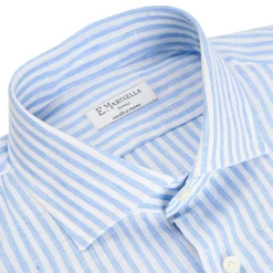 E.Marinella Camicie In Lino|CAMICIA IN LINO BIANCA E AZZURRA Rigata