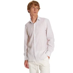 E.Marinella Camicie In Lino|CAMICIA IN LINO BIANCA E BEIGE Rigata