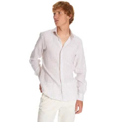 E.Marinella Camicie In Lino|CAMICIA IN LINO BIANCA E BEIGE Rigata