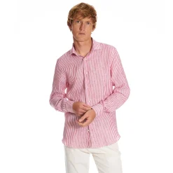 E.Marinella Camicie In Lino|CAMICIA IN LINO BIANCA E BORDEAUX Rigata