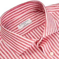 E.Marinella Camicie In Lino|CAMICIA IN LINO BIANCA E BORDEAUX Rigata