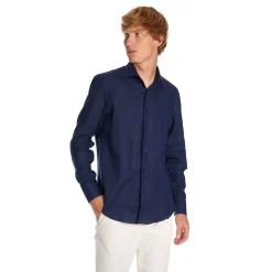 E.Marinella Camicie In Lino|CAMICIA IN LINO BLU NOTTE Con bottoni in madreperla
