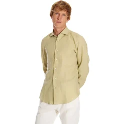 E.Marinella Camicie In Lino|CAMICIA IN LINO VERDE CHIARO Con bottoni in madreperla