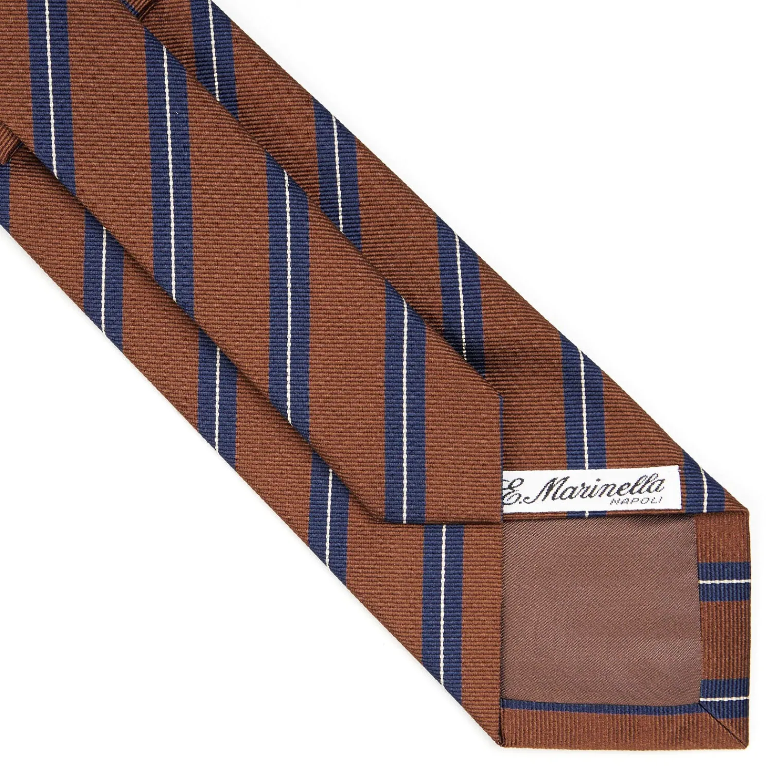 E.Marinella CRAVATTE|Cravatte Regimental E Rigate|CRAVATTA REGIMENTAL IN SETA MARRONE SCURO Righe blu e bianche