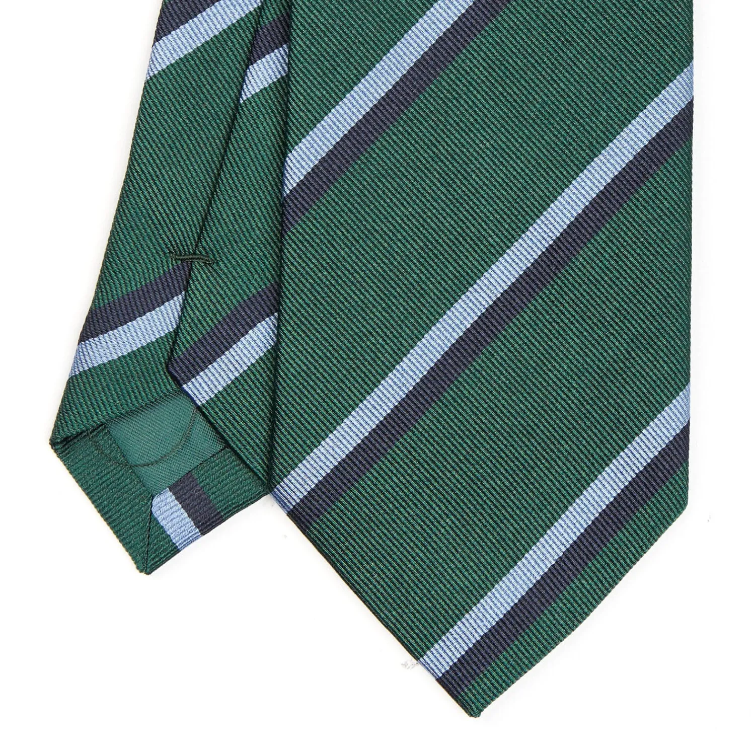 E.Marinella CRAVATTE|Cravatte Regimental E Rigate|CRAVATTA REGIMENTAL IN SETA VERDE SCURO Righe blue e azzurre