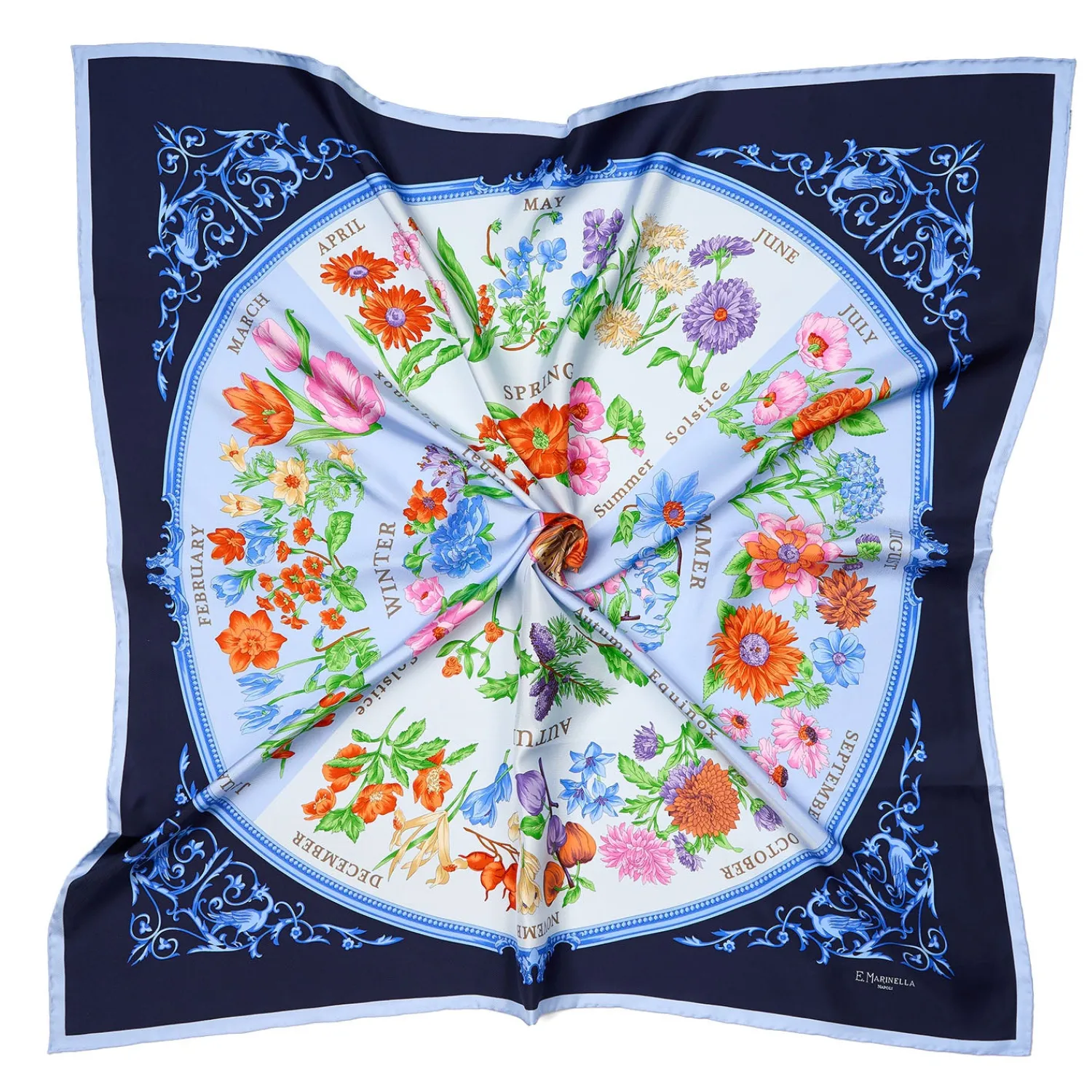 E.Marinella FOULARD|FOULARD IN SETA 90 AZZURRO La ruota delle stagioni