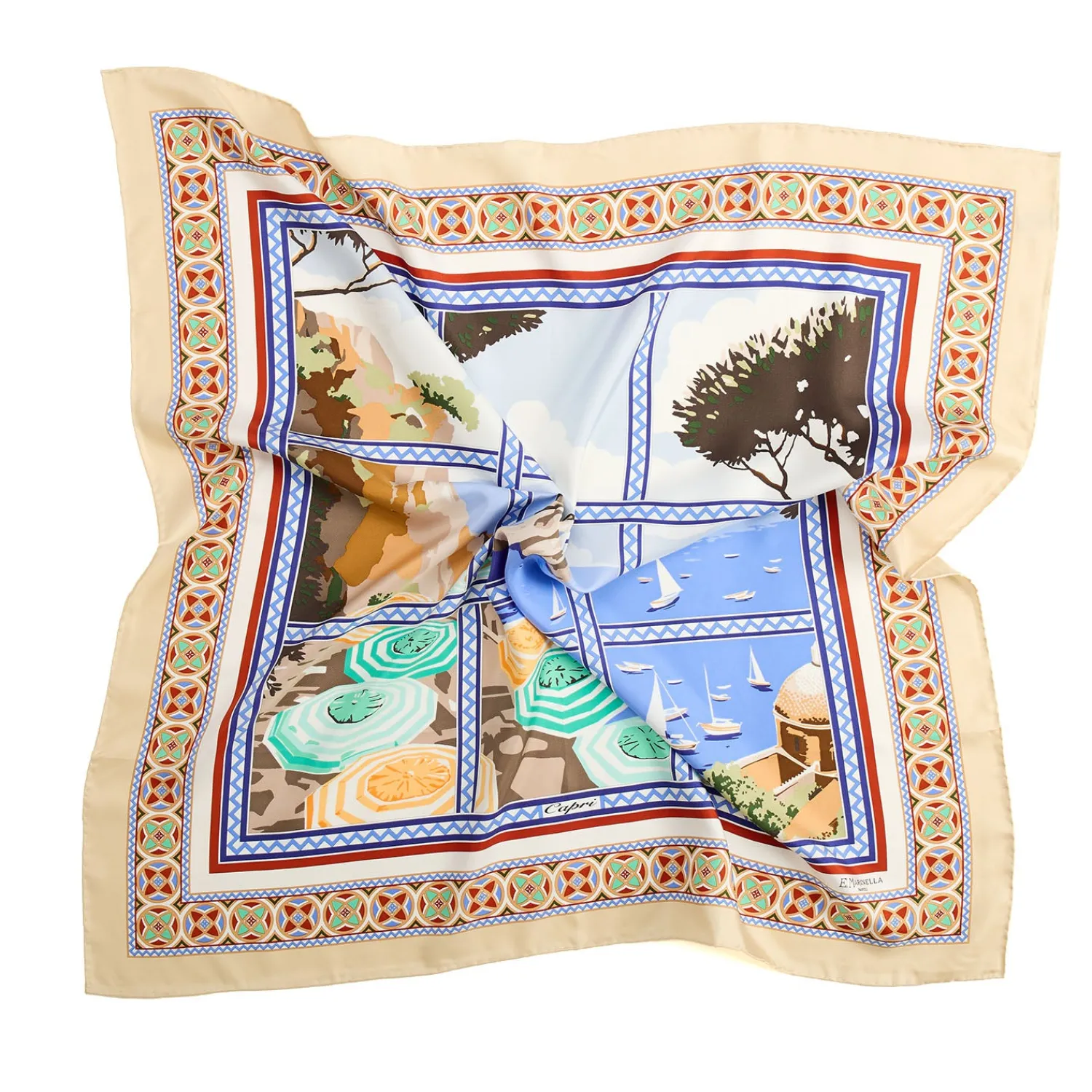 E.Marinella FOULARD|FOULARD IN SETA 90 BEIGE I faraglioni di capri
