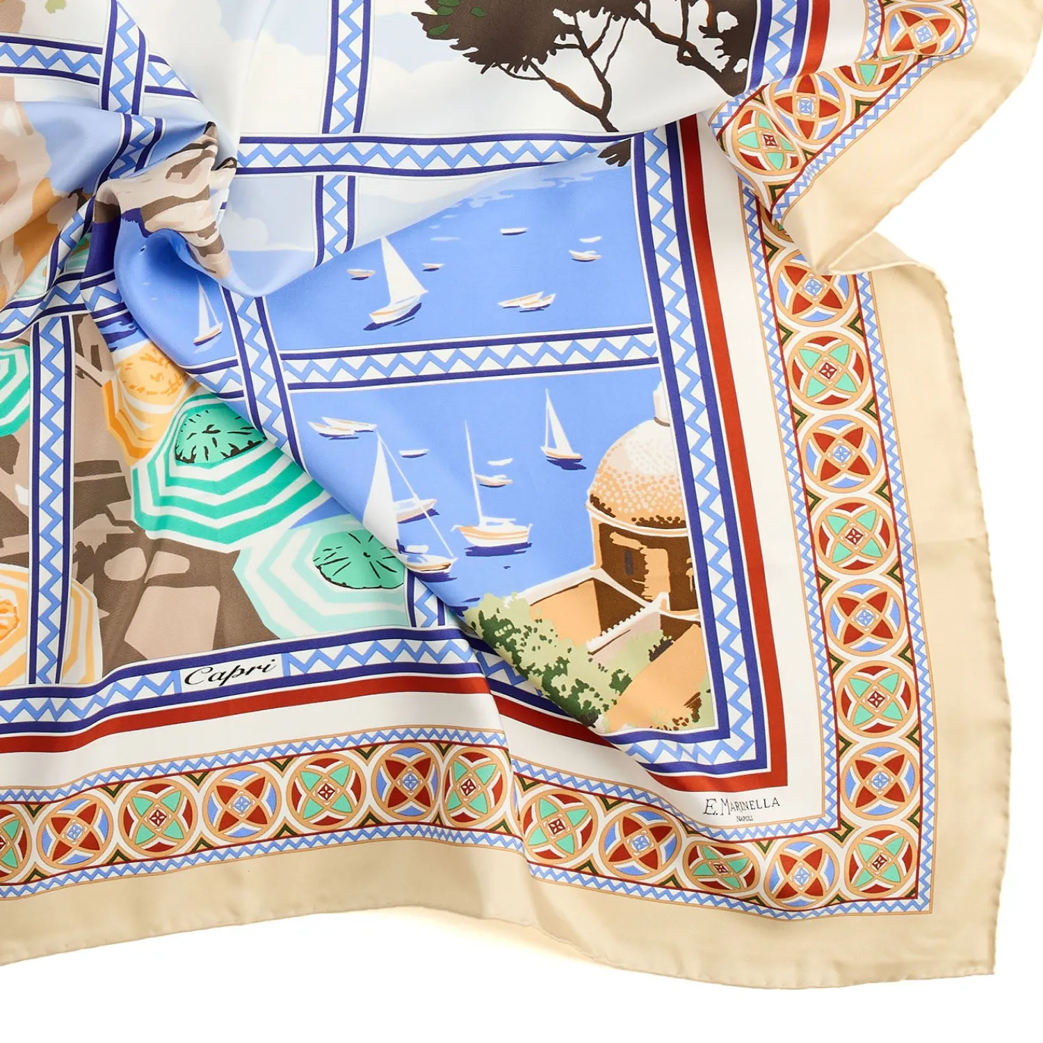 E.Marinella FOULARD|FOULARD IN SETA 90 BEIGE I faraglioni di capri