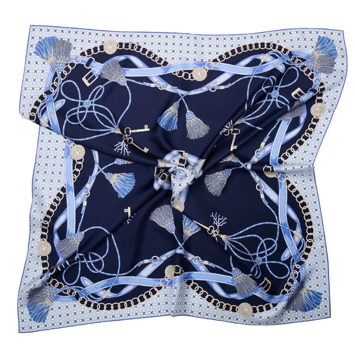 E.Marinella FOULARD|FOULARD IN SETA 90 BLU Microfantasia, nappine e chiavi