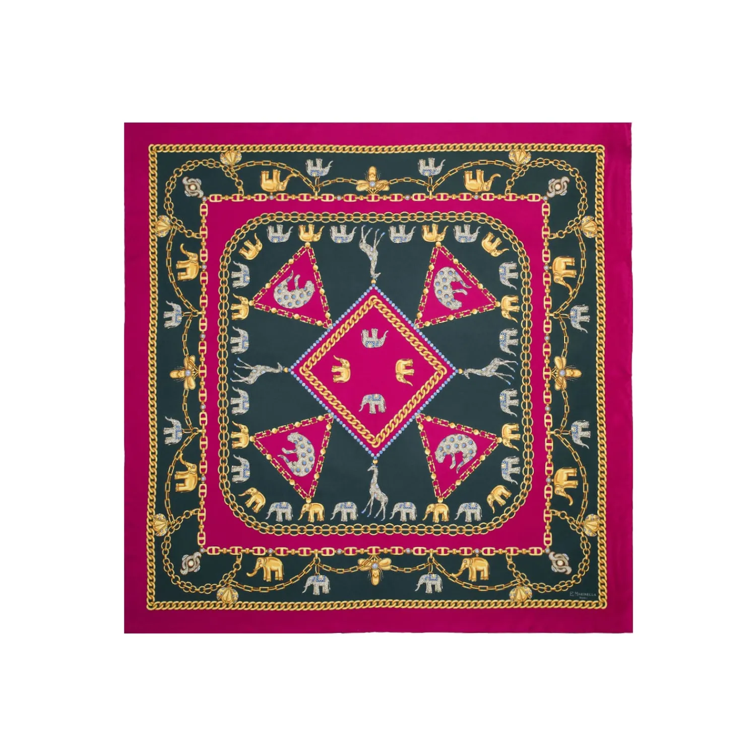 E.Marinella FOULARD|FOULARD IN SETA 90 FUCSIA Elefanti portafortuna
