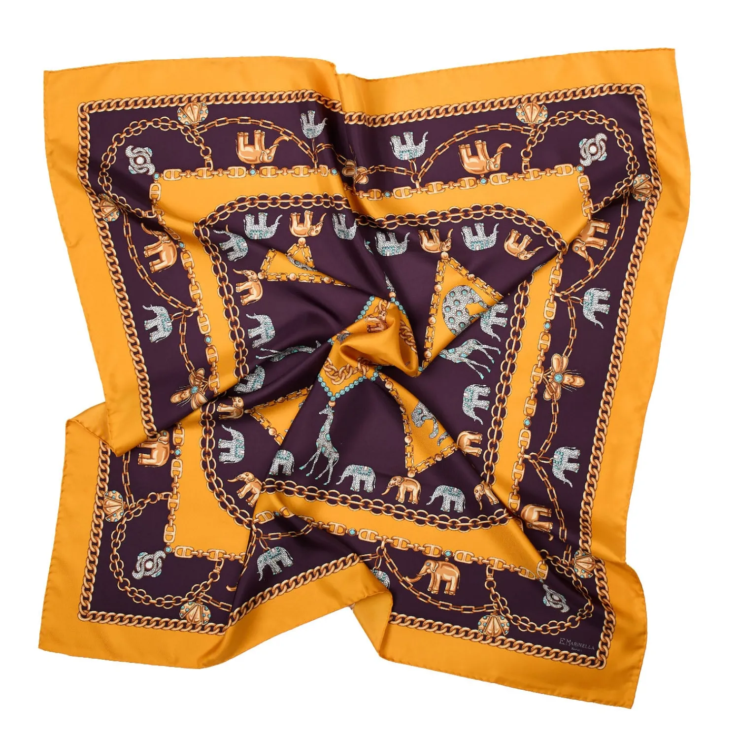 E.Marinella FOULARD|FOULARD IN SETA 90 GIALLO Elefanti portafortuna