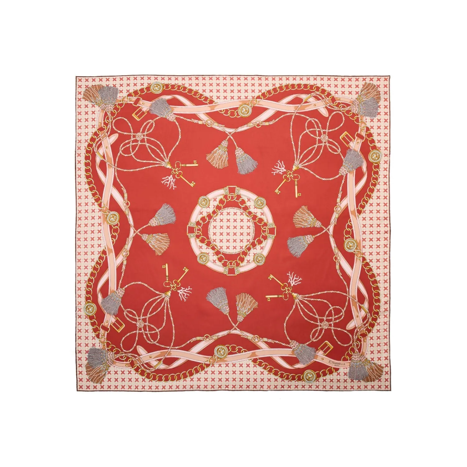 E.Marinella FOULARD|FOULARD IN SETA 90 MARRONE CHIARO Microfantasia, nappine e chiavi