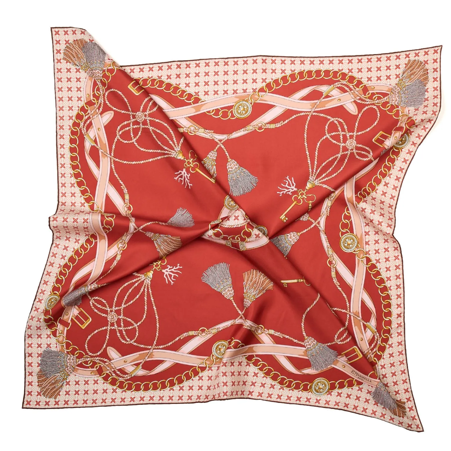 E.Marinella FOULARD|FOULARD IN SETA 90 MARRONE CHIARO Microfantasia, nappine e chiavi