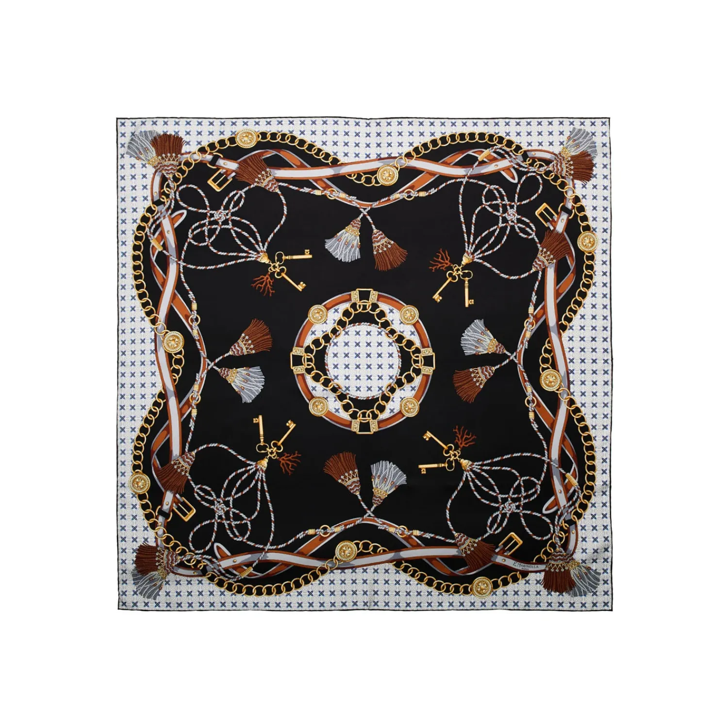 E.Marinella FOULARD|FOULARD IN SETA 90 NERO Microfantasia, nappine e chiavi