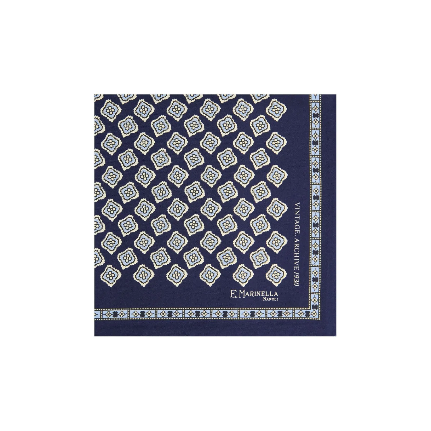 E.Marinella Pochette Da Taschino|POCHETTE DA TASCHINO IN SETA STAMPATA A MANO BLU SCURO Fantasia archivio 1930