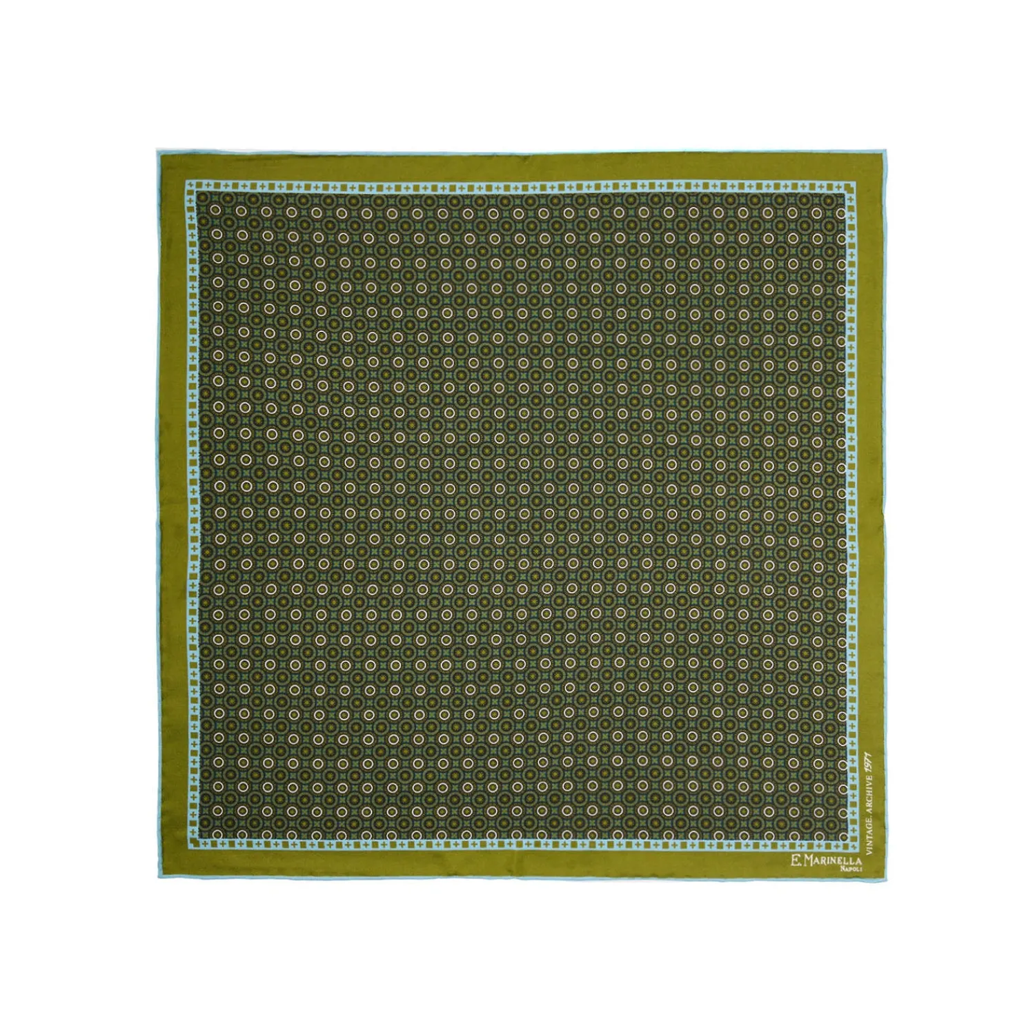 E.Marinella Pochette Da Taschino|POCHETTE DA TASCHINO IN SETA STAMPATA A MANO VERDE OLIVA Fantasia archivio 1971