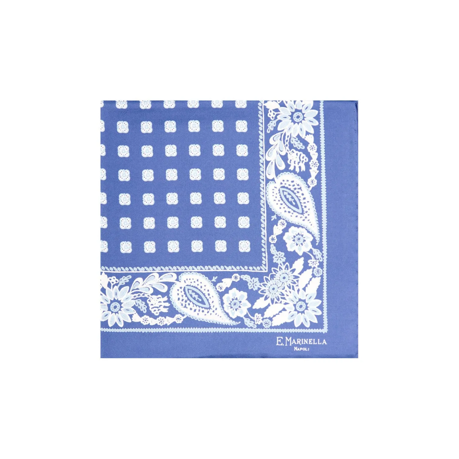 E.Marinella Pochette Da Taschino|POCHETTE DA TASCHINO IN SETA STAMPATA A MANO AZZURRA Microfantasia fiore
