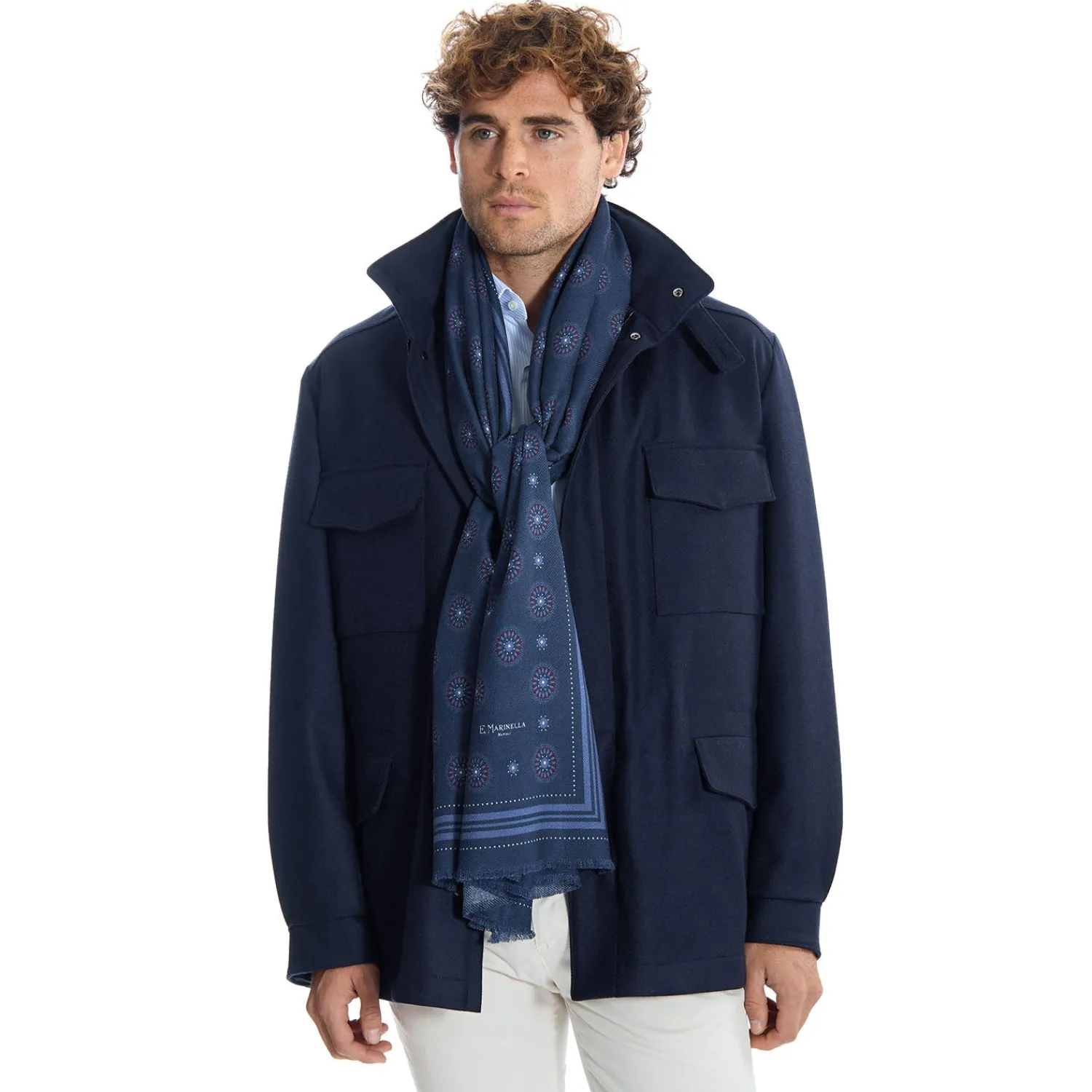 E.Marinella Sciarpe Invernali|STOLA DARK BLUE IN LANA Decorazioni floreali