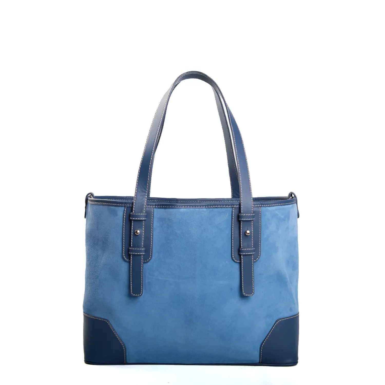 E.Marinella Tote Bag|TOTE BAG MIDI AZZURRO POLVERE In suede e pelle