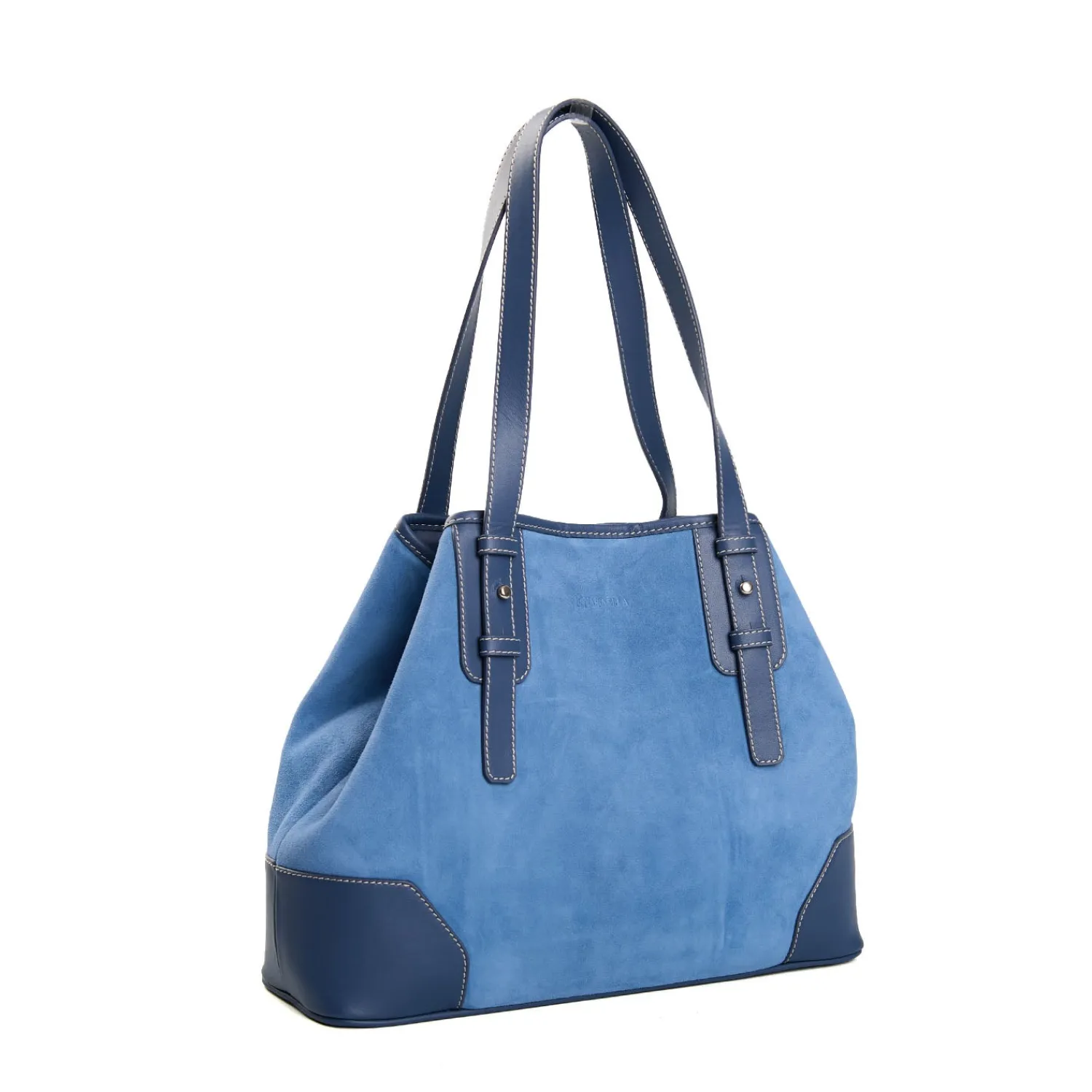 E.Marinella Tote Bag|TOTE BAG MIDI AZZURRO POLVERE In suede e pelle