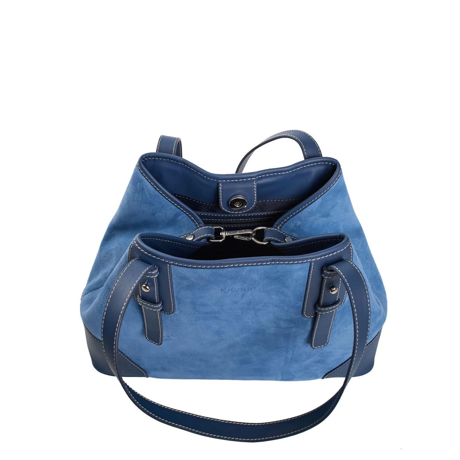 E.Marinella Tote Bag|TOTE BAG MIDI AZZURRO POLVERE In suede e pelle