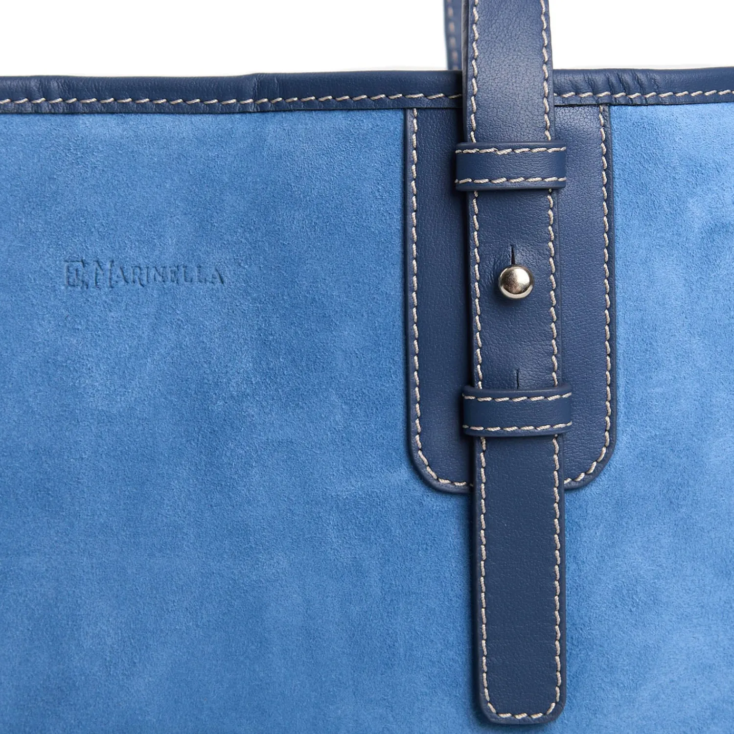 E.Marinella Tote Bag|TOTE BAG MIDI AZZURRO POLVERE In suede e pelle